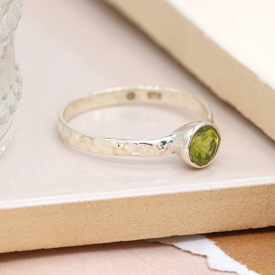 Hammered Sterling Silver Round Faceted Peridot Ring