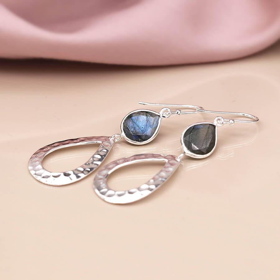 Sterling Silver Bezel Set Labradorite With Hammered Teardrop Earrings