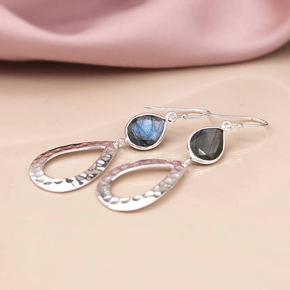 Sterling Silver Bezel Set Labradorite With Hammered Teardrop Earrings