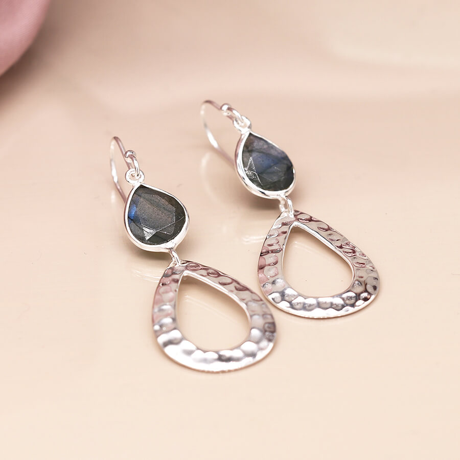 Sterling Silver Bezel Set Labradorite With Hammered Teardrop Earrings
