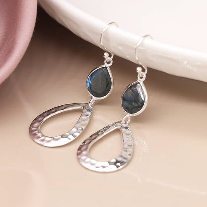 Sterling Silver Bezel Set Labradorite With Hammered Teardrop Earrings