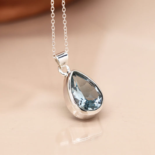 Teardrop Sterling Silver Faceted Blue Topaz Pendant On Chain