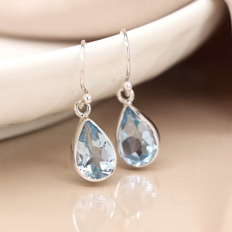 Teardrop Sterling Silver Facetted Blue Topaz Fish Hook Earrings