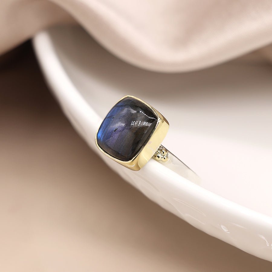 Square Sterling Silver And Brass Labradorite Cabochon Ring | The Jewellery Stop
