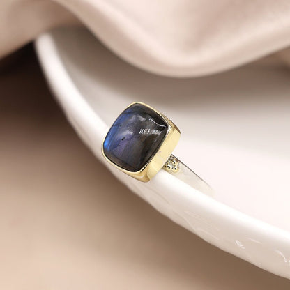 Square Sterling Silver And Brass Labradorite Cabochon Ring | The Jewellery Stop