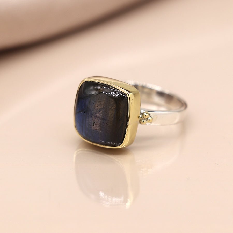 Square Sterling Silver And Brass Labradorite Cabochon Ring | The Jewellery Stop
