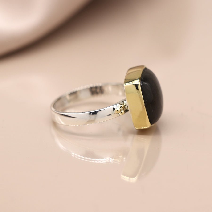 Square Sterling Silver And Brass Labradorite Cabochon Ring | The Jewellery Stop