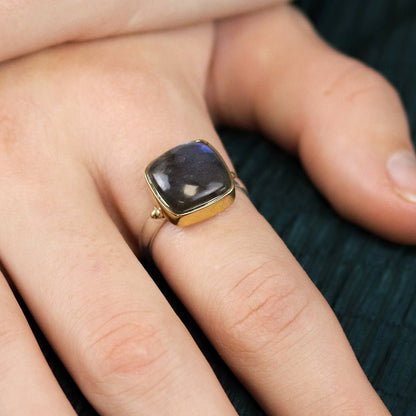 Square Sterling Silver And Brass Labradorite Cabochon Ring | The Jewellery Stop
