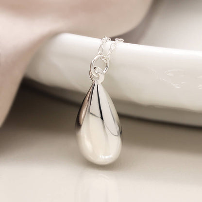 Sterling Silver Puffed Pebble Teardrop Pendant On Chain