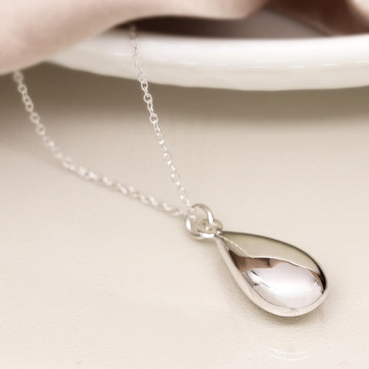 Sterling Silver Puffed Pebble Teardrop Pendant On Chain