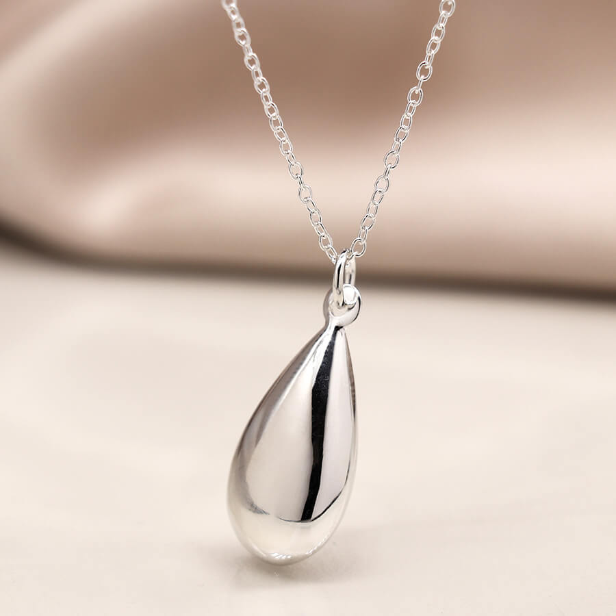 Sterling Silver Puffed Pebble Teardrop Pendant On Chain