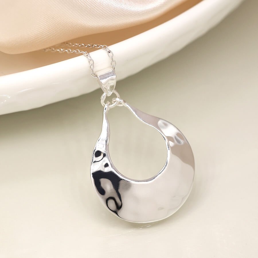 Sterling Silver Hammered Open Teardrop Pendant On Chain | The Jewellery Stop