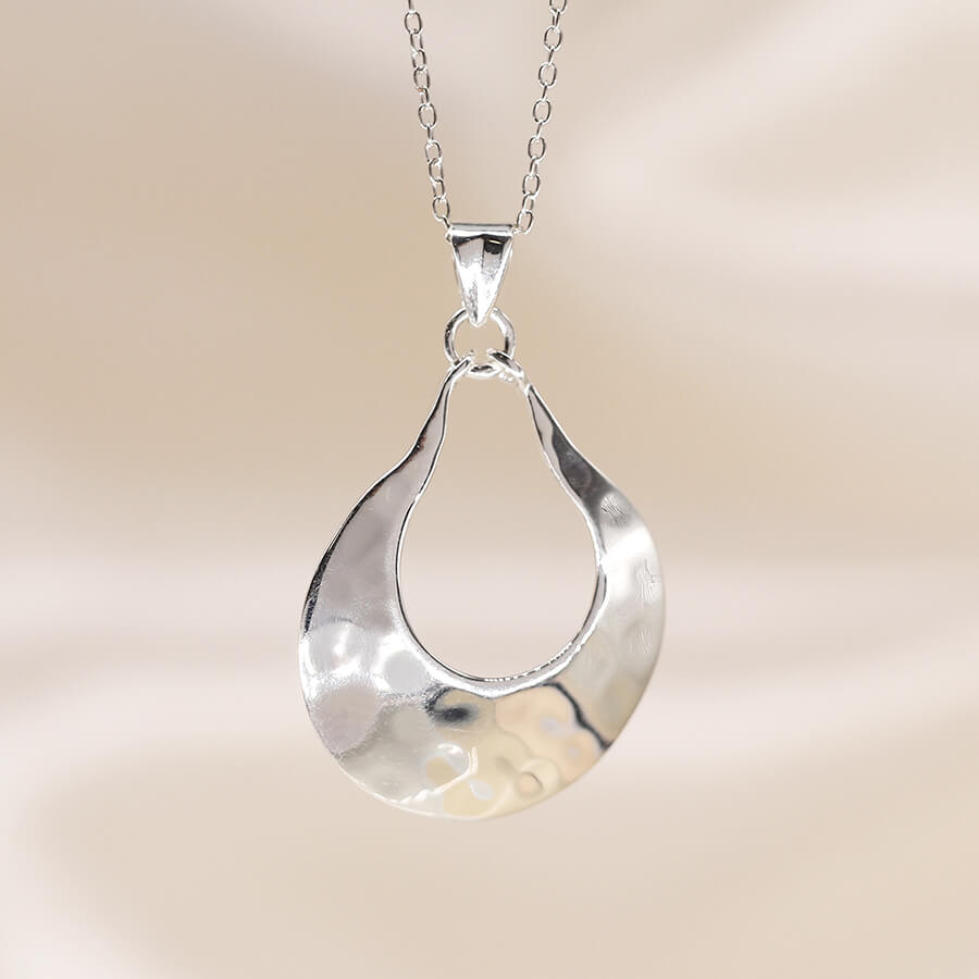 Sterling Silver Hammered Open Teardrop Pendant On Chain | The Jewellery Stop