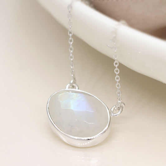 Sterling Silver Rainbow Moonstone Oval Pendant On Chain