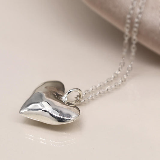 Sterling Silver Hammered Puffed Heart Pendant On Chain