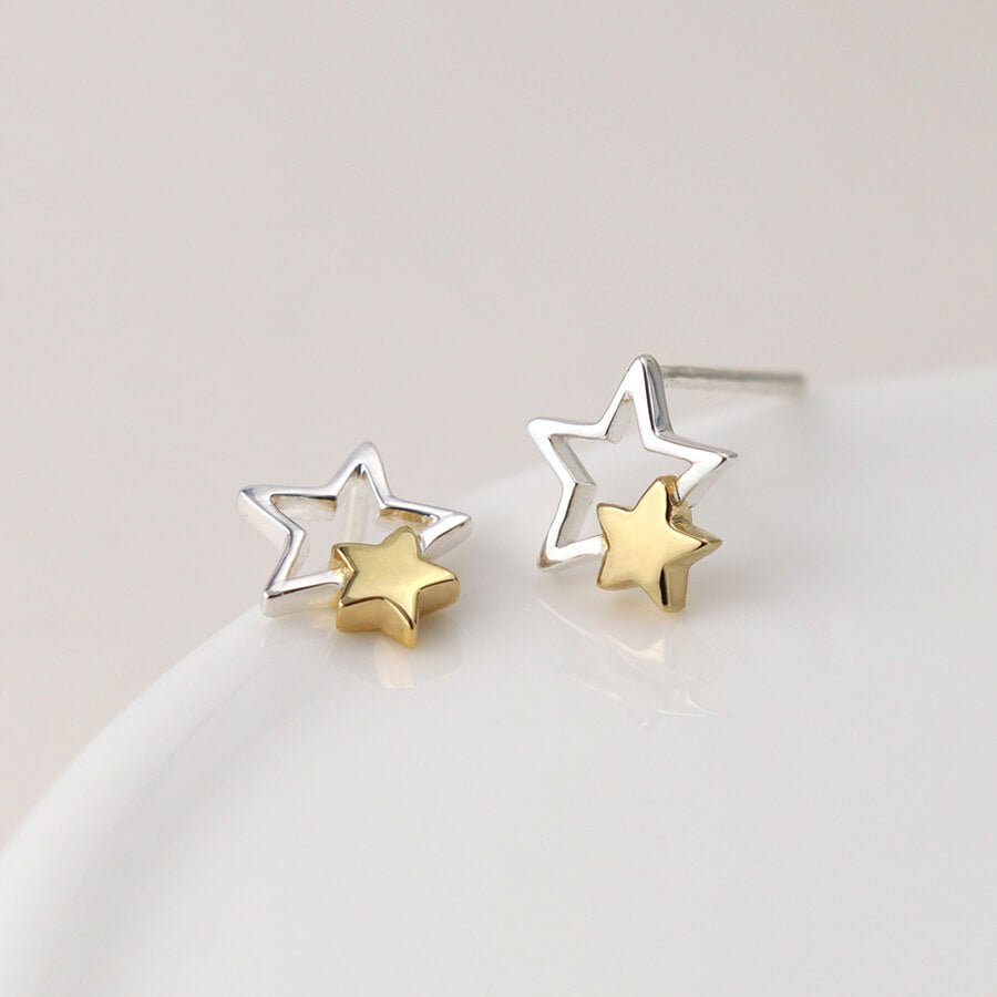 Two Tone Sterling Silver Double Star Studs | The Jewellery Stop