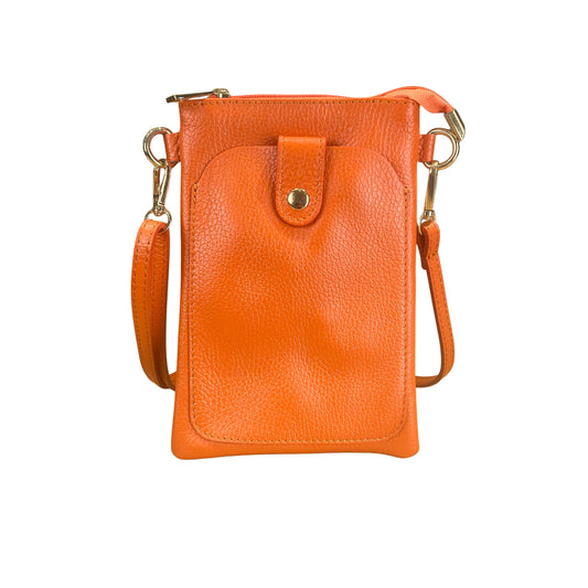 Orange Italian Leather Phone Pouch Crossbody Bag