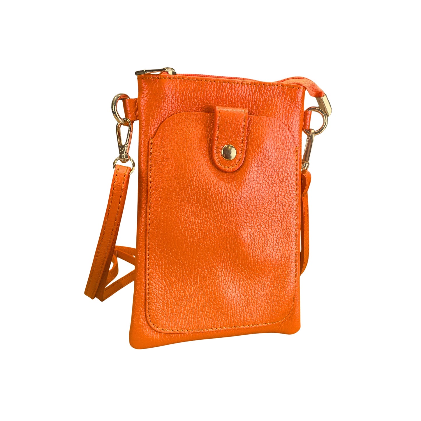 Orange Italian Leather Phone Pouch Crossbody Bag