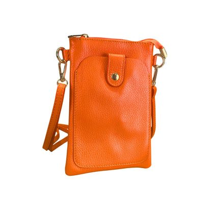 Orange Italian Leather Phone Pouch Crossbody Bag