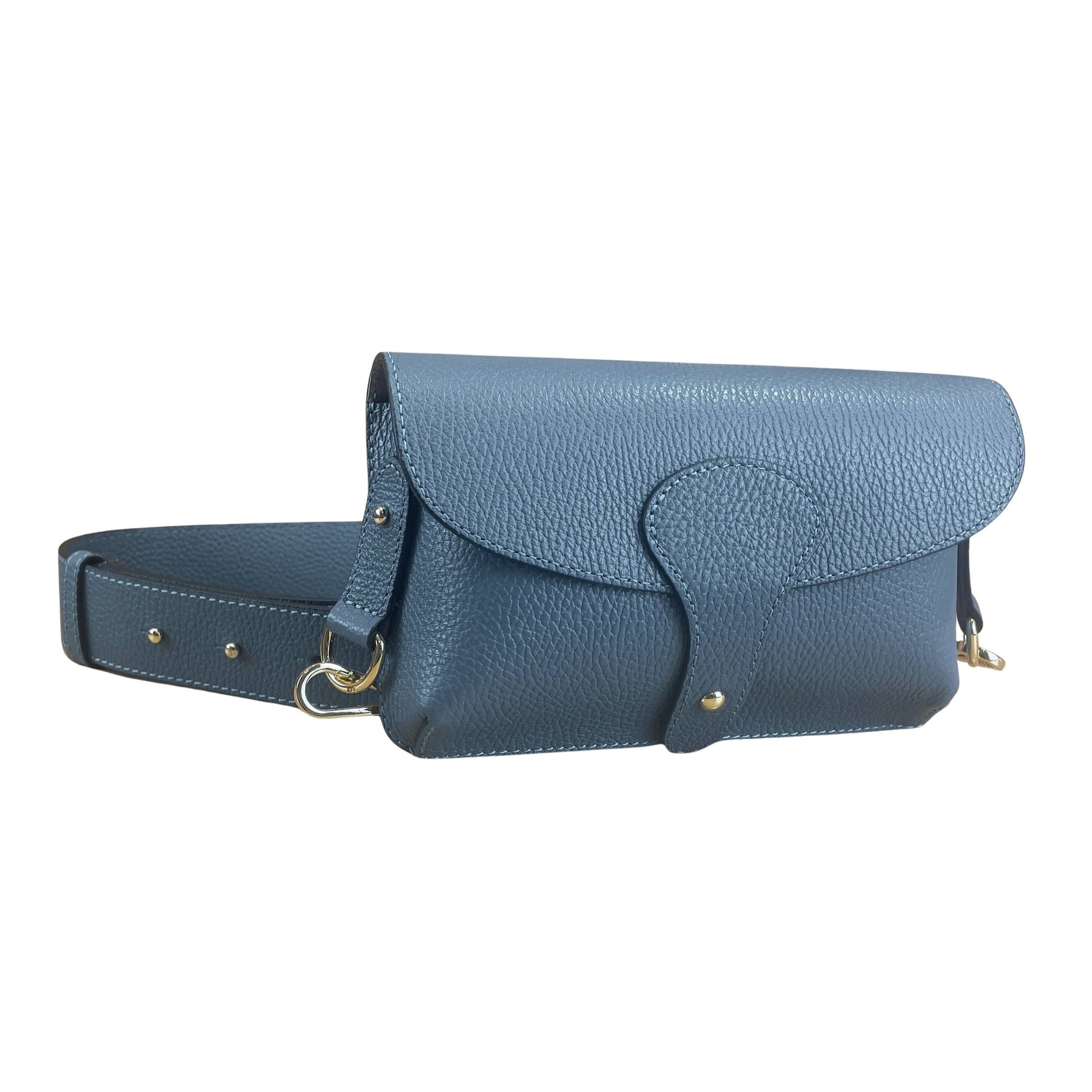 Denim Blue Italian Leather Crossbody & Shoulder Bag With Wide Strap