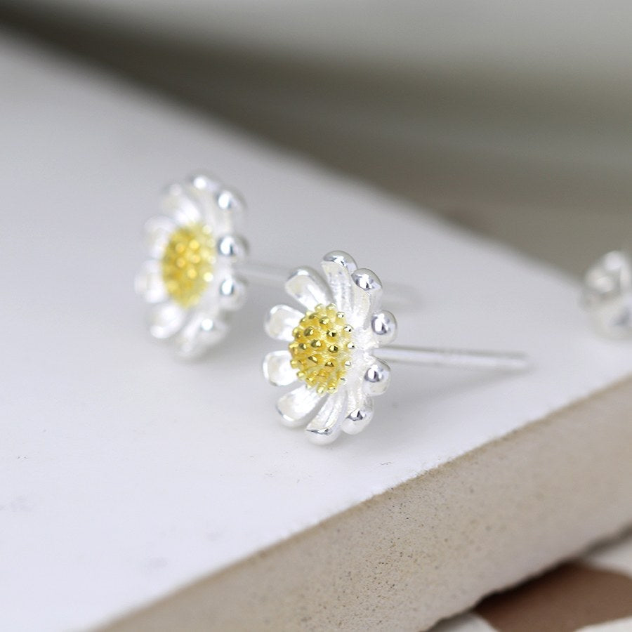 Two Tone Sterling Silver Daisy Stud Earrings
