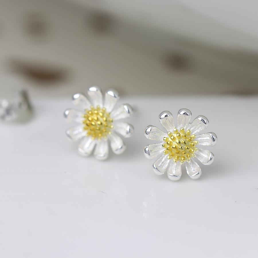 Two Tone Sterling Silver Daisy Stud Earrings