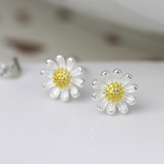 Two Tone Sterling Silver Daisy Stud Earrings