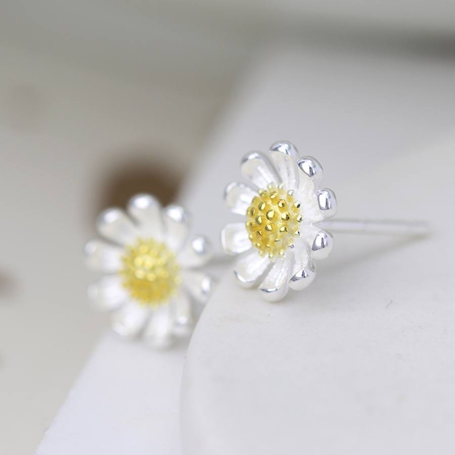 Two Tone Sterling Silver Daisy Stud Earrings