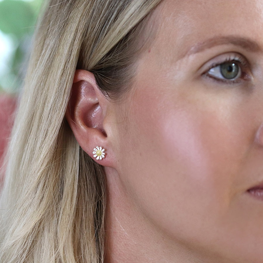 Two Tone Sterling Silver Daisy Stud Earrings