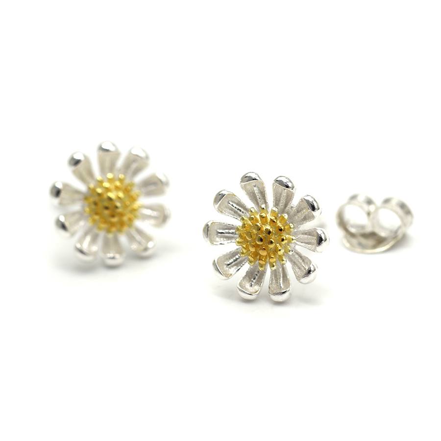 Two Tone Sterling Silver Daisy Stud Earrings