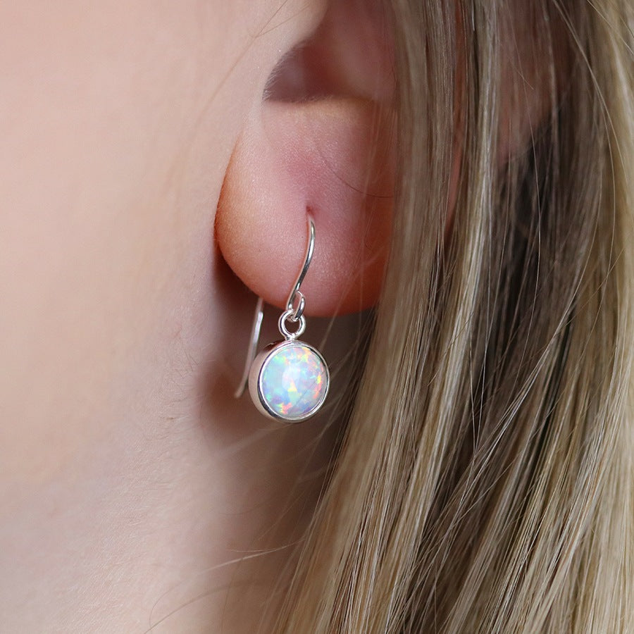 Round Drop Sterling Silver White Opalite Fish Hook Earrings