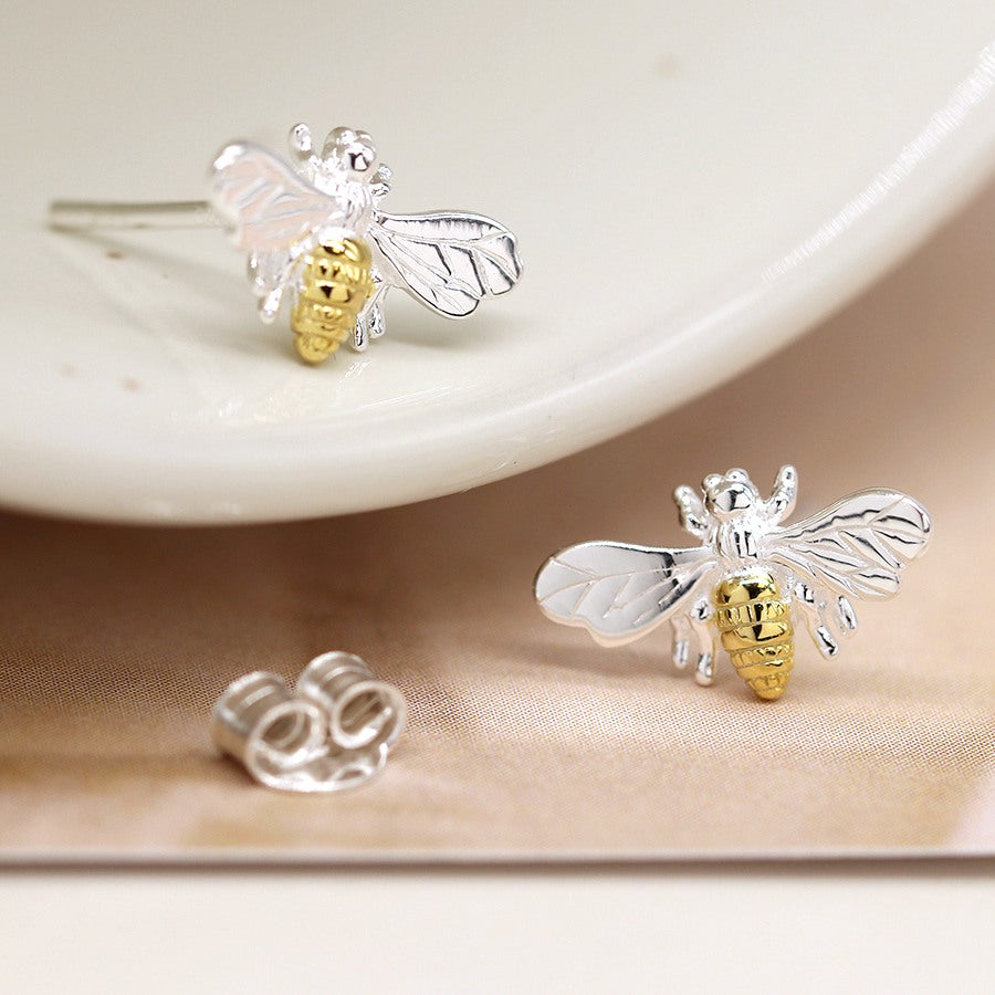 Two Tone Sterling Silver Bee Stud Earrings
