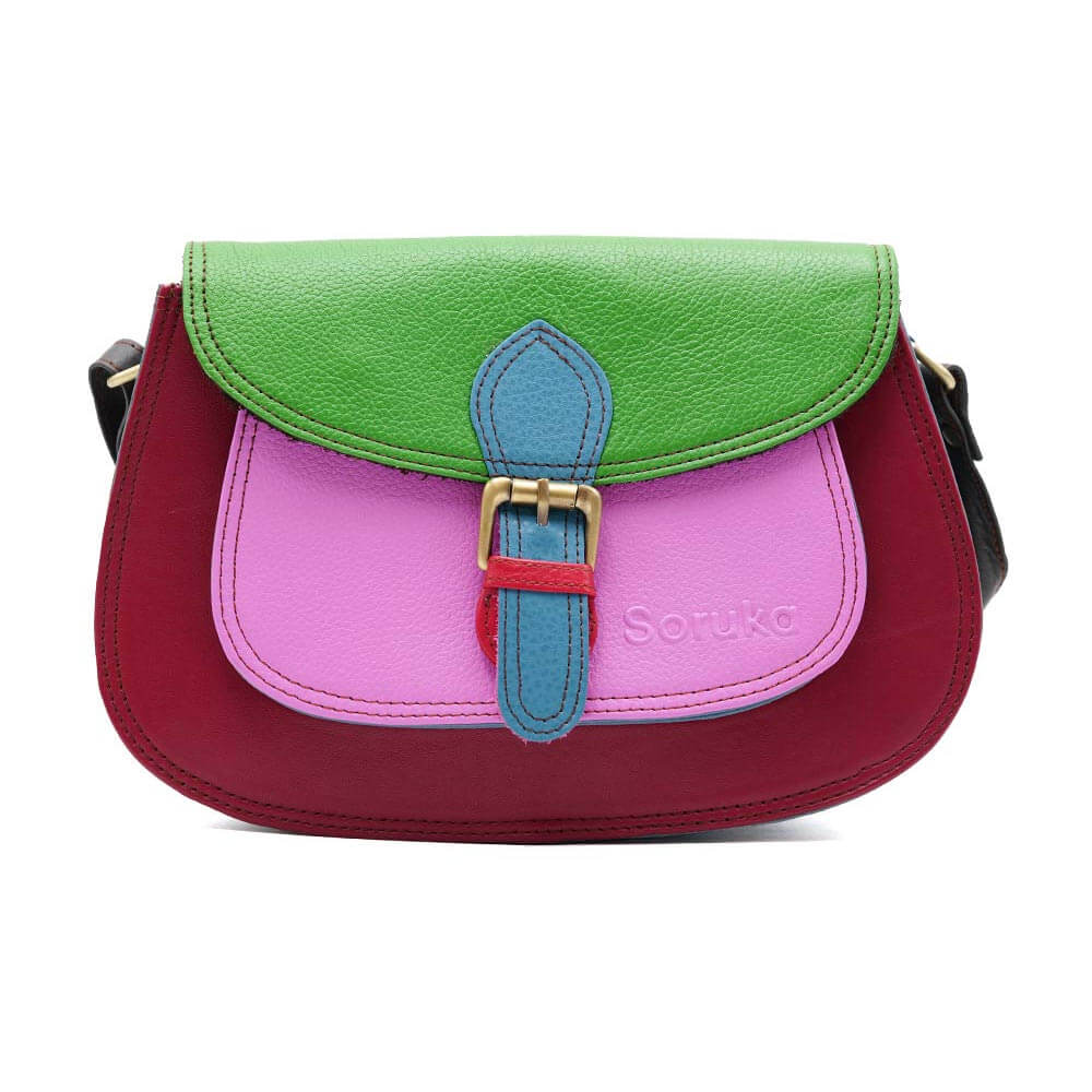 Burgundy, Green And Pink Large Leather Crossbody Bag | The Jewellery Stop