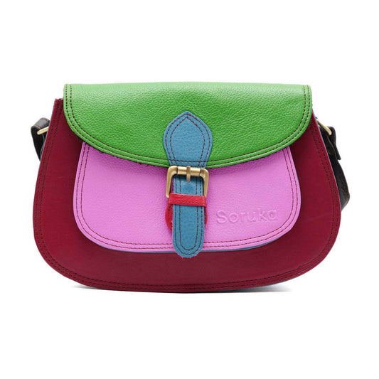 Burgundy, Green And Pink Large Leather Crossbody Bag