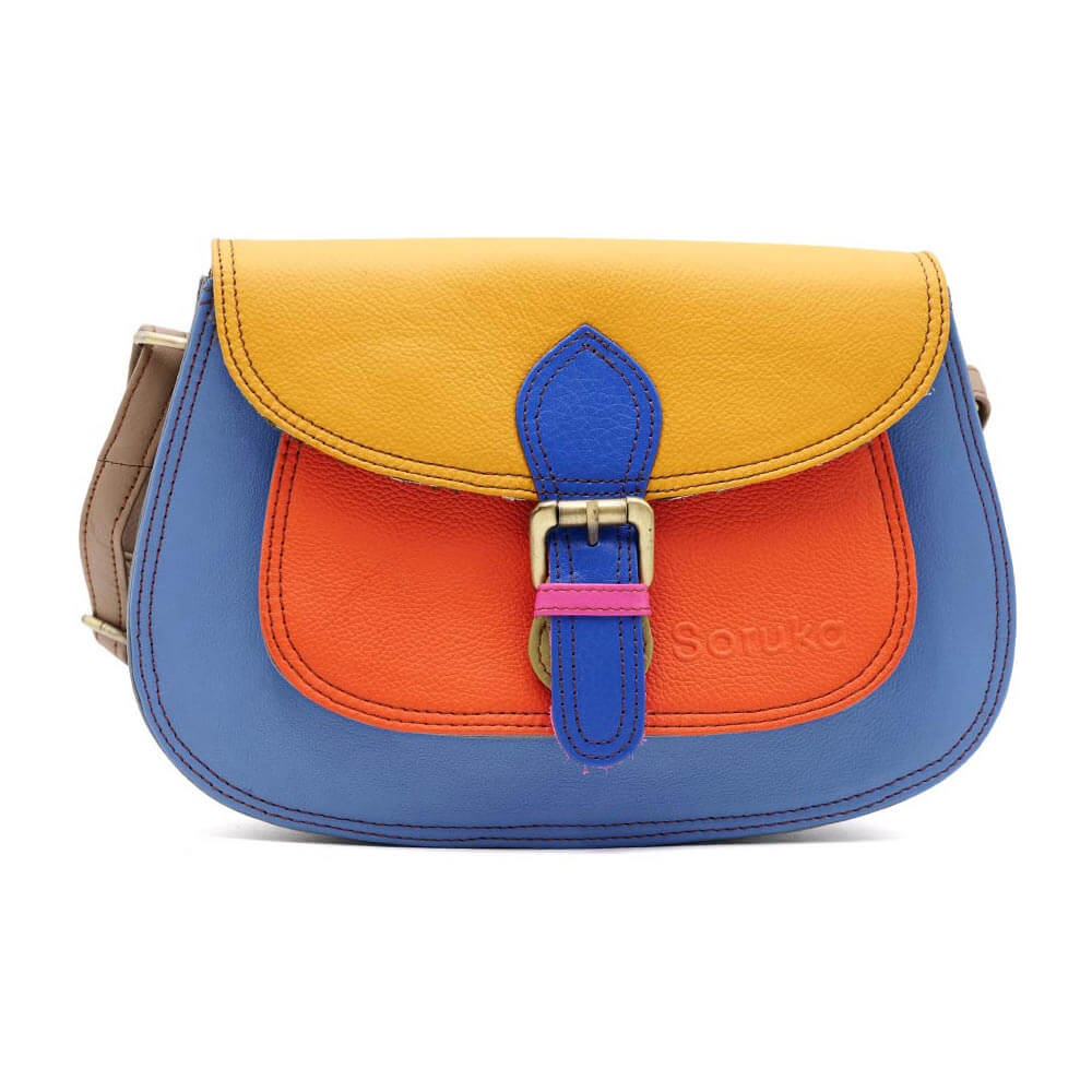 Denim, Yellow And Orange Large Leather Crossbody Bag | The Jewellery Stop