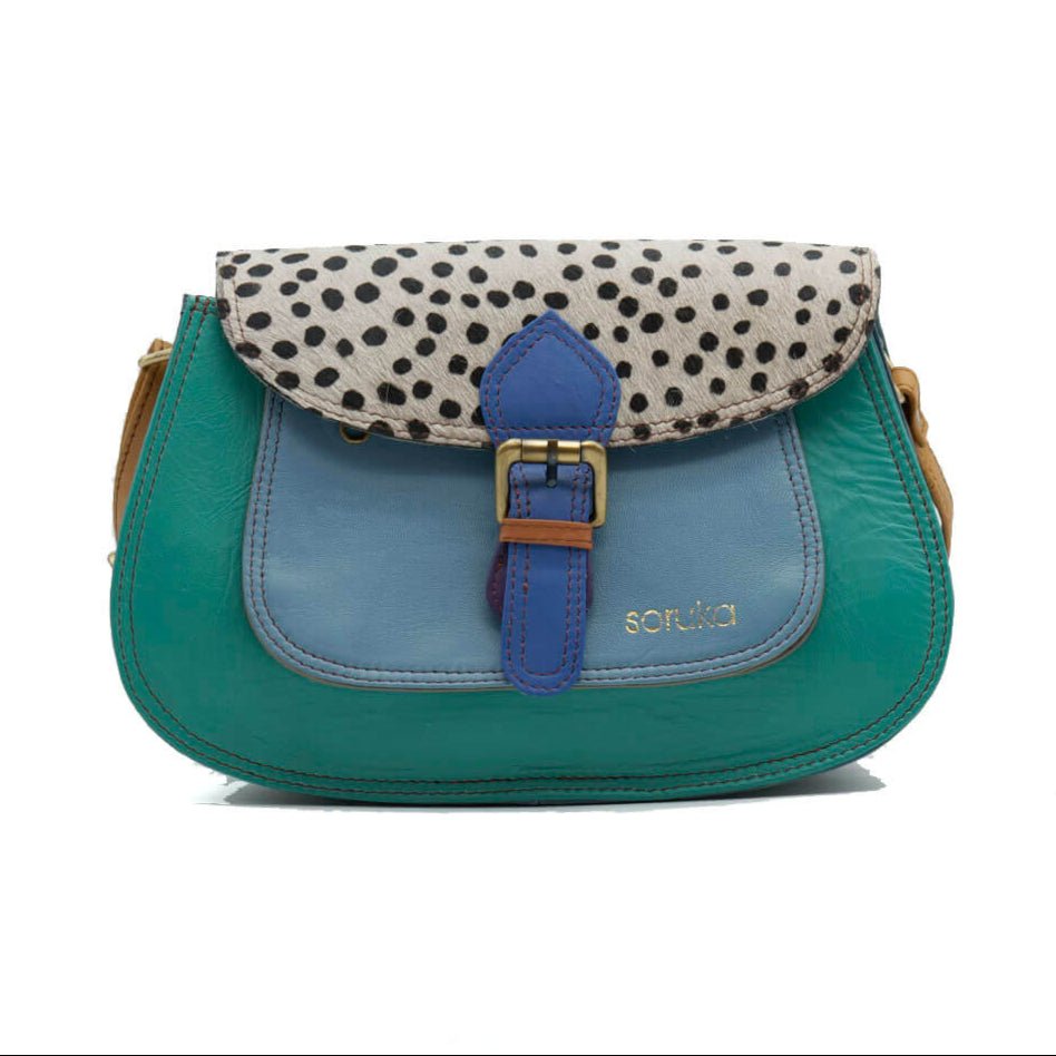Teal Mix With Animal Print Large Leather Crossbody Bag | The Jewellery Stop
