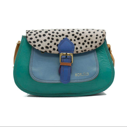 Teal Mix With Animal Print Large Leather Crossbody Bag | The Jewellery Stop