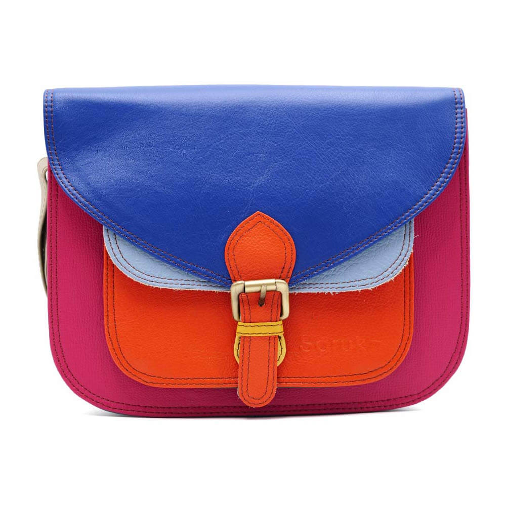 Pink, Blue And Orange Large Squared Leather Crossbody Bag | The Jewellery Stop