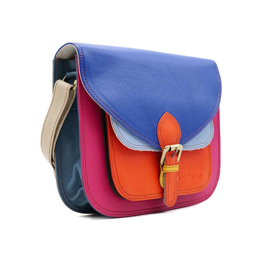 Pink, Blue And Orange Large Squared Leather Crossbody Bag