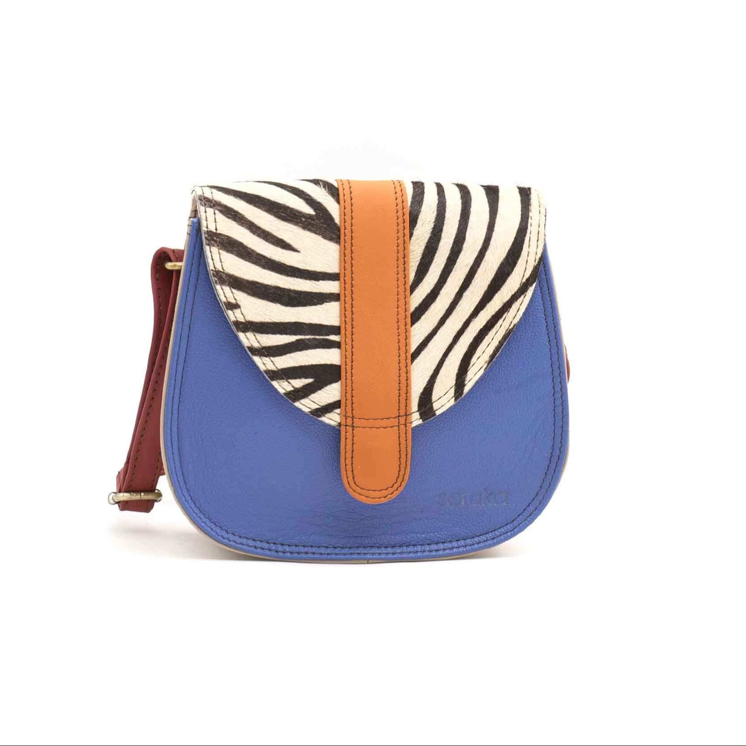 Blue, Tan And Zebra Print Mini Leather Crossbody Bag