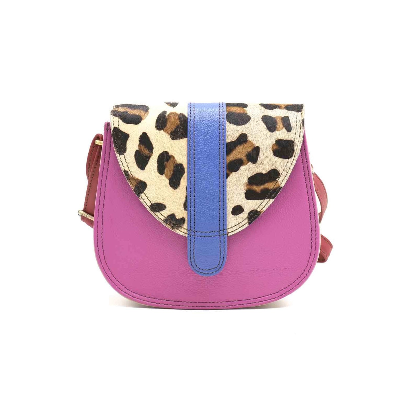 Pink, Blue And Animal Print Mini Leather Crossbody Bag | The Jewellery Stop