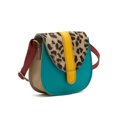 Teal, Mustard and Animal Print Mini Leather Crossbody Bag | The Jewellery Stop