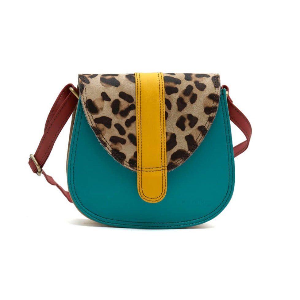 Teal, Mustard and Animal Print Mini Leather Crossbody Bag | The Jewellery Stop
