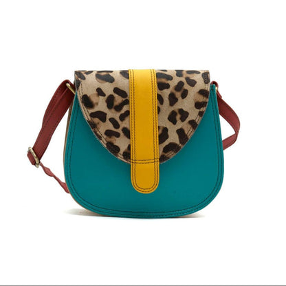 Teal, Mustard and Animal Print Mini Leather Crossbody Bag | The Jewellery Stop
