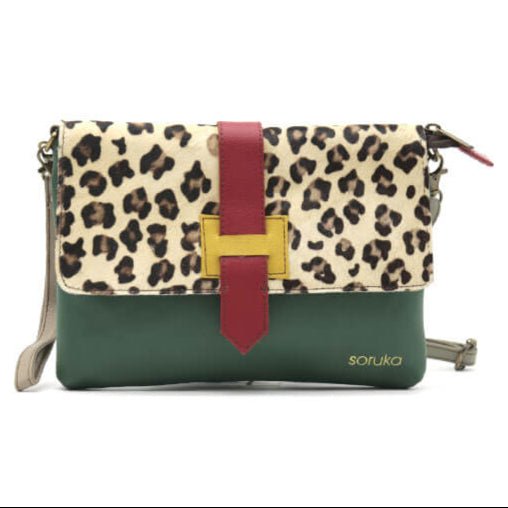 Green And Animal Print Leather Crossbody Clutch Bag | The Jewellery Stop