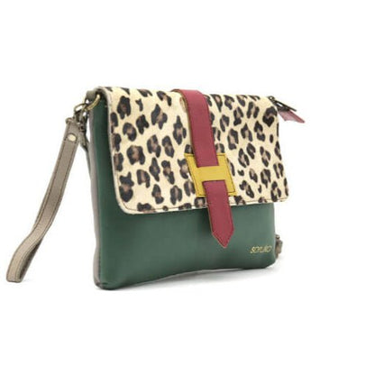 Green And Animal Print Leather Crossbody Clutch Bag | The Jewellery Stop