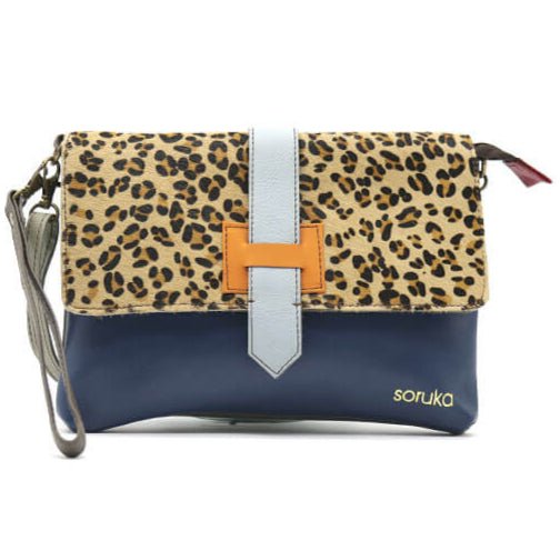 Navy And Animal Print Leather Crossbody Clutch Bag | The Jewellery Stop