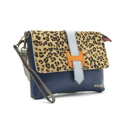 Navy And Animal Print Leather Crossbody Clutch Bag | The Jewellery Stop