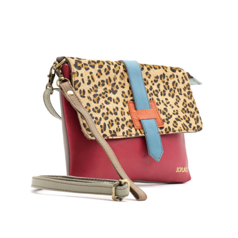 Red And Animal Print Leather Crossbody Clutch Bag | The Jewellery Stop