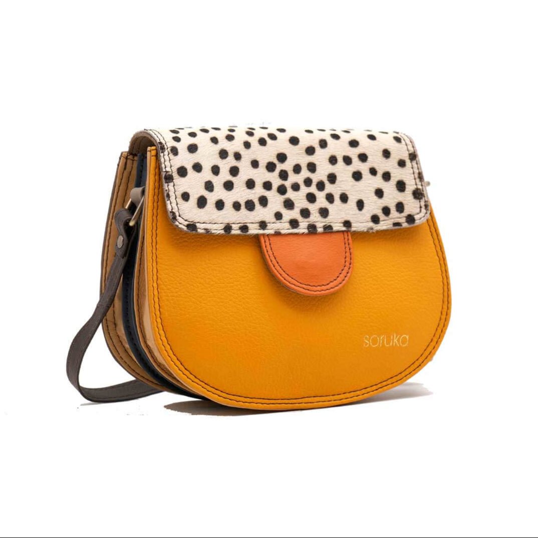 Mustard And Animal Print Medium Leather Crossbody Bag | The Jewellery Stop